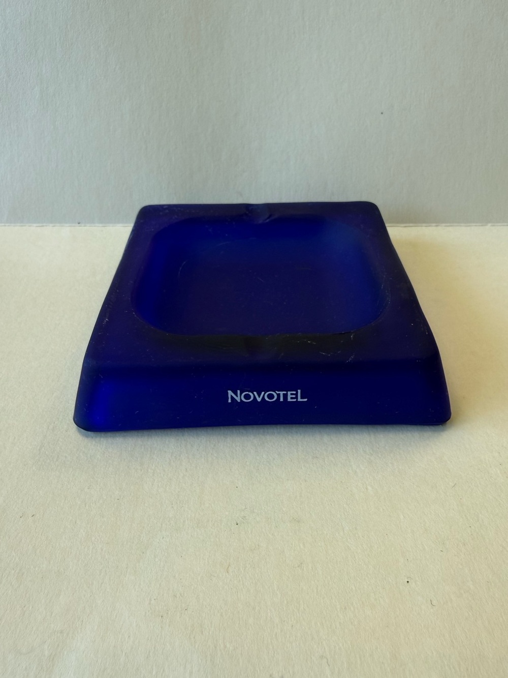 Vintage 90’s Novotel Deep Satin Blue Square Glass Wavy Ashtray.